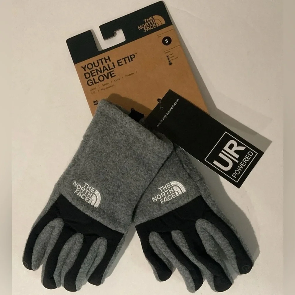 The North Face Youth Denali Etip Fleece Lined Tech Gloves Sz S Gray & Black NWT